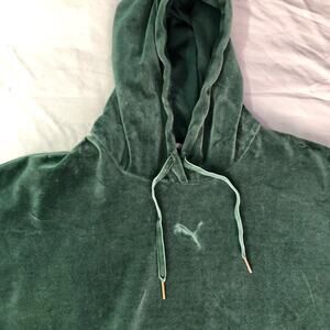 PUMA Pullover Velour Green Hooded Sweatshirt Her Logo Hoodie Women's Size XL